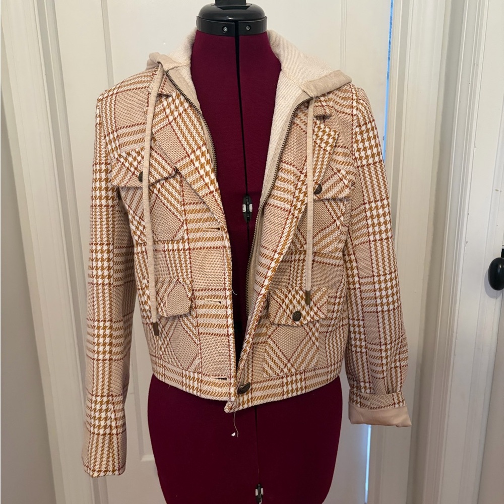 Central Park West Beige Plaid Hooded Blazer